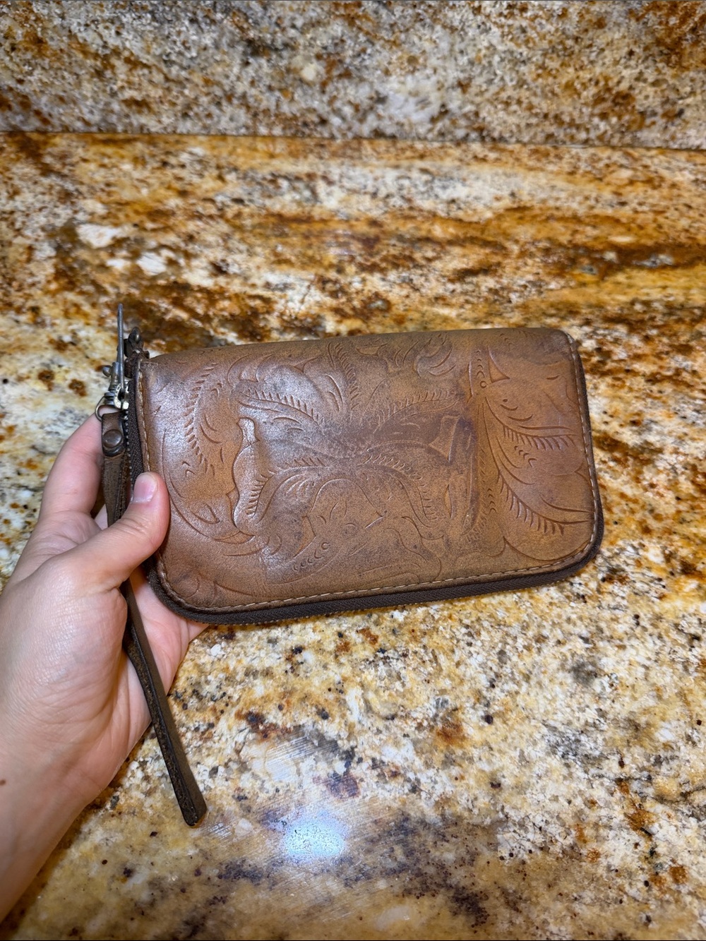 Patricia Nash Tooled Brown Leather Wristlet Wallet